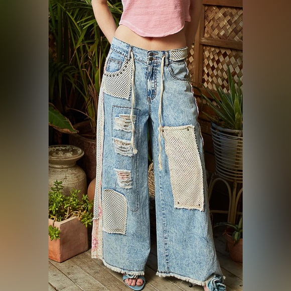 POL Denim - POL Metallic Studded Patchwork Jeans + Distressed Crochet Denim